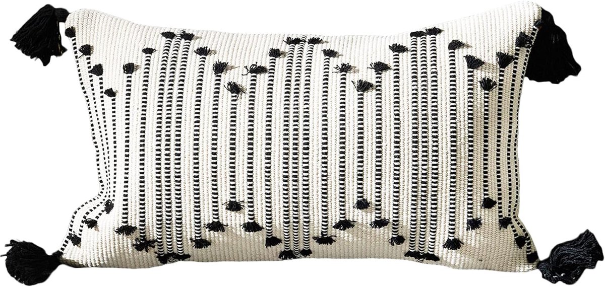 Decoratieve kussenhoes 30x50cm - Boho zwart-wit - Met franjes - Perfect voor je bank - ShopVlot