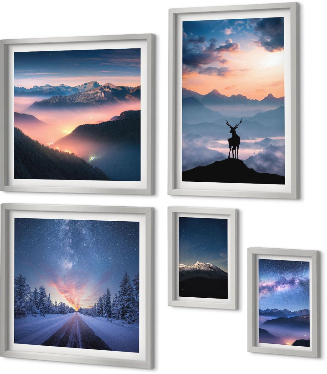Coloray 5-Delige Schilderij Set - Nachtelijke Hemel, Berglandschappen In De Mist En Herten - 20 x 30 cm - Wanddecoratie - Woonkamer Decoratie - Moderne Wanddecoratie