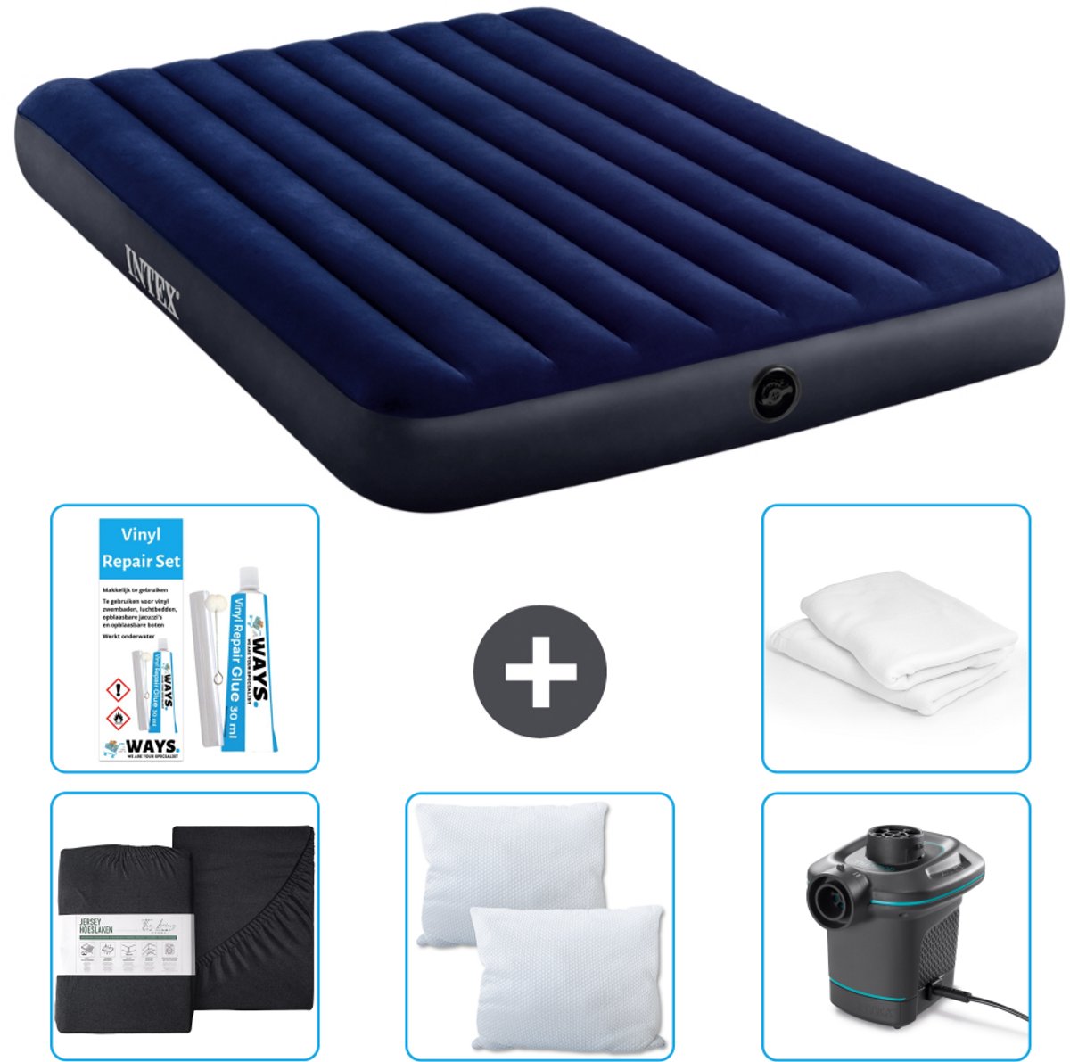 Intex Luchtbed - 2-Persoons - 152 x 203 x 25 cm cm - Blauw - Inclusief Hoeslaken - Kussen - Pomp - Reparatieset en Kussenbeschermer