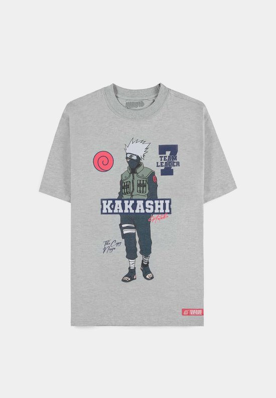 Grijs T-shirt met print van Kakashi van Naruto. De tekst 'KAKASHI TEAM LEADER' staat in grote letters erop.