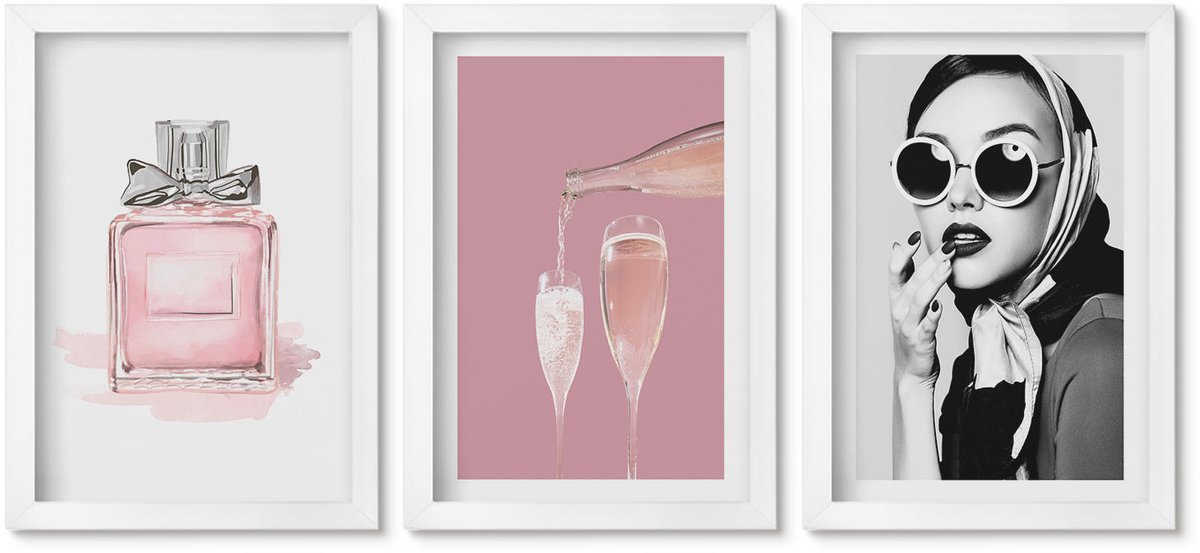 Wallfluent 3-Delige Schilderij Set - Stijlvolle Vrouwelijke Accessoires In Roze Tinten - 20 x 30 - Muurdecoratie - Schilderijen Set - Woonkamer