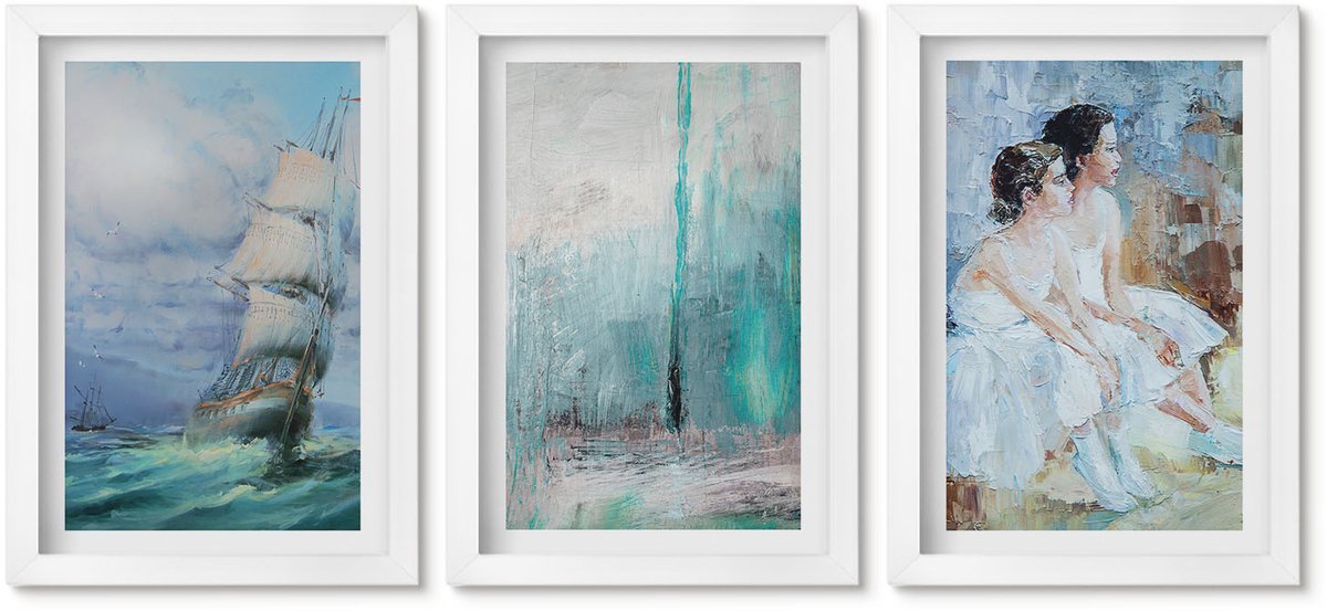Wallfluent 3-Delige Schilderij Set - Schip Op Zee: Abstract Portret Van Dansers - 20 x 30 - Muurdecoratie - Wanddecoratie - Hal - Woonkamer Decoratie