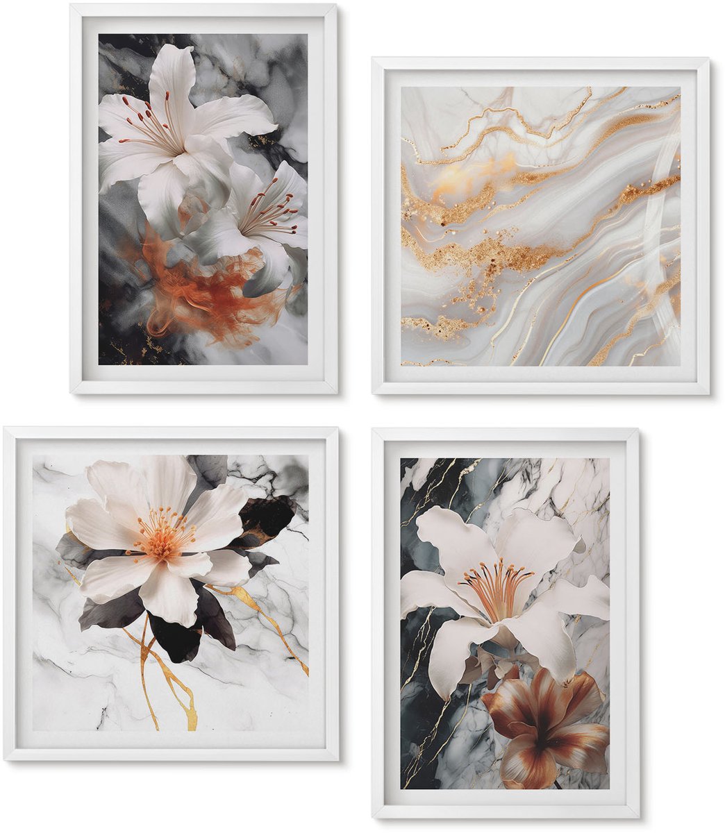Wallfluent 4-Delige Schilderij Set - Bloemen Op Een Marmeren Achtergrond In Wit- En Zwarttinten. - 40 x 40 En 40 x 60 - Moderne Wanddecoratie - Woonkamer - Woonkamer Decoratie