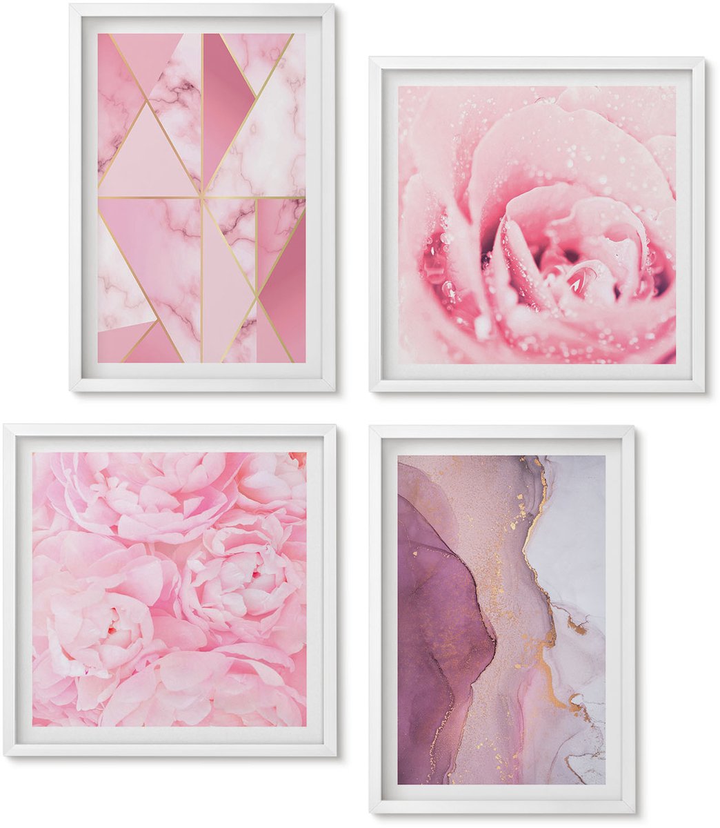 Wallfluent 4-Delige Schilderij Set - Roze Pioenrozen Met Geometrische Patronen - 40 x 40 En 40 x 60 - Wanddecoratie - Schilderijen Set - Interieur - Decoratieve Schilderijen