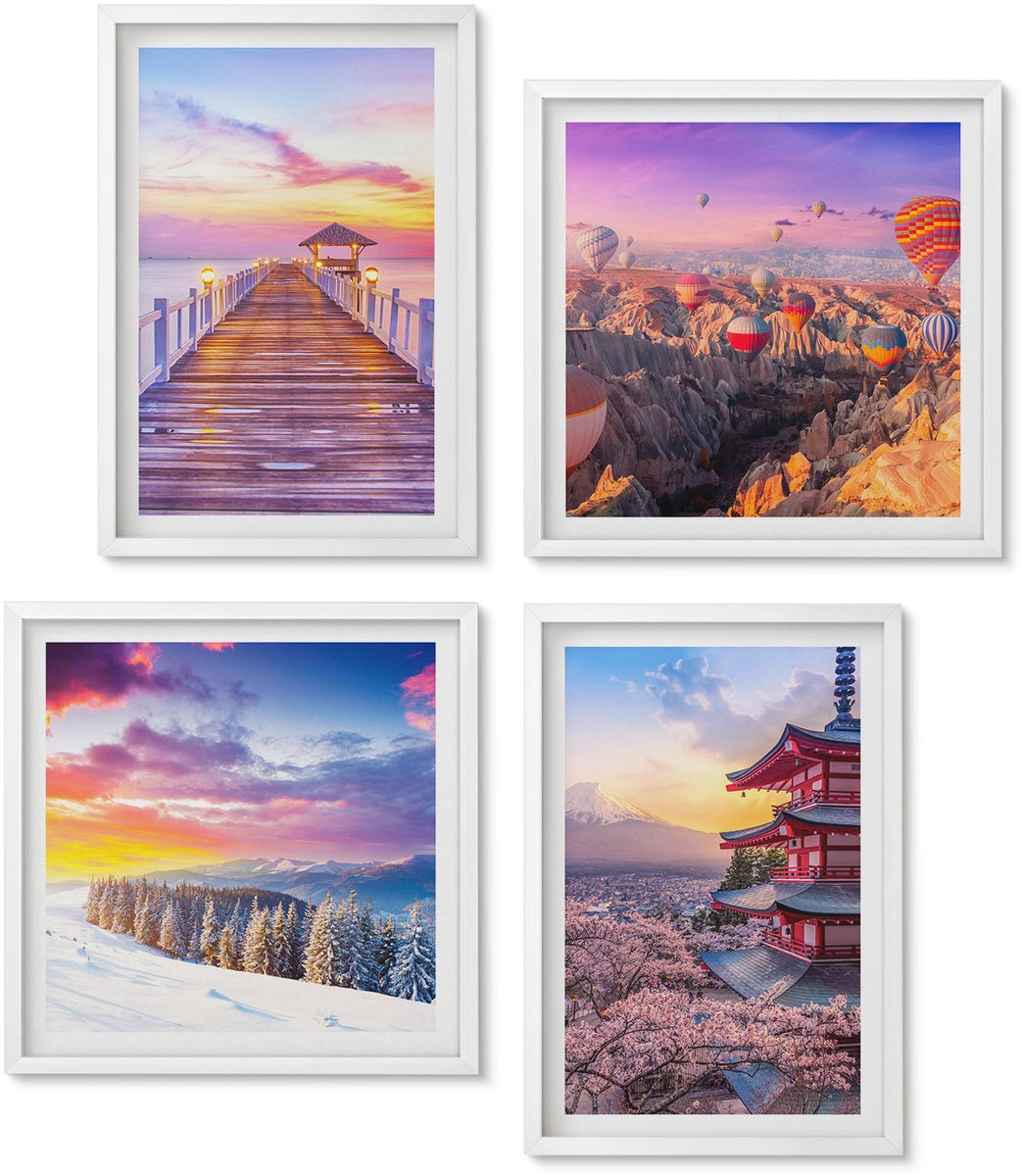 Wallfluent 4-Delige Schilderij Set - Romantische Landschappen Met Schilderachtige Luchten - 40 x 40 En 40 x 60 - Decoratieve Schilderijen - Wanddecoratie - Hal