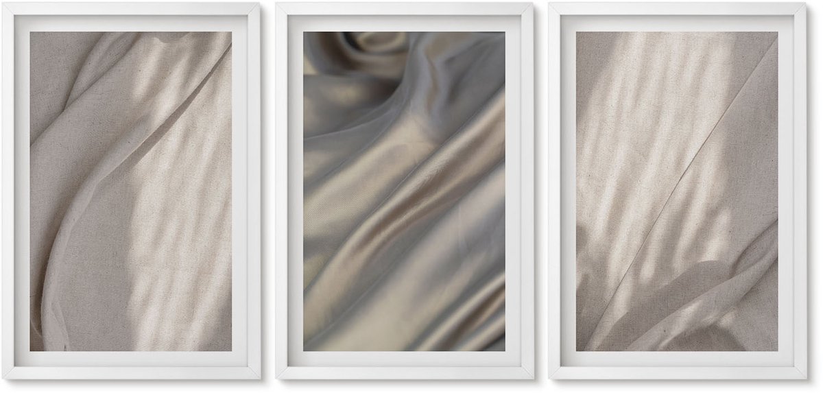 Wallfluent 3-Delige Schilderij Set - Natuurlijke Textielstructuren Van Dichtbij - Boho - 40 x 60 - Muurdecoratie - Wanddecoratie - Hal - Decoratieve Schilderijen