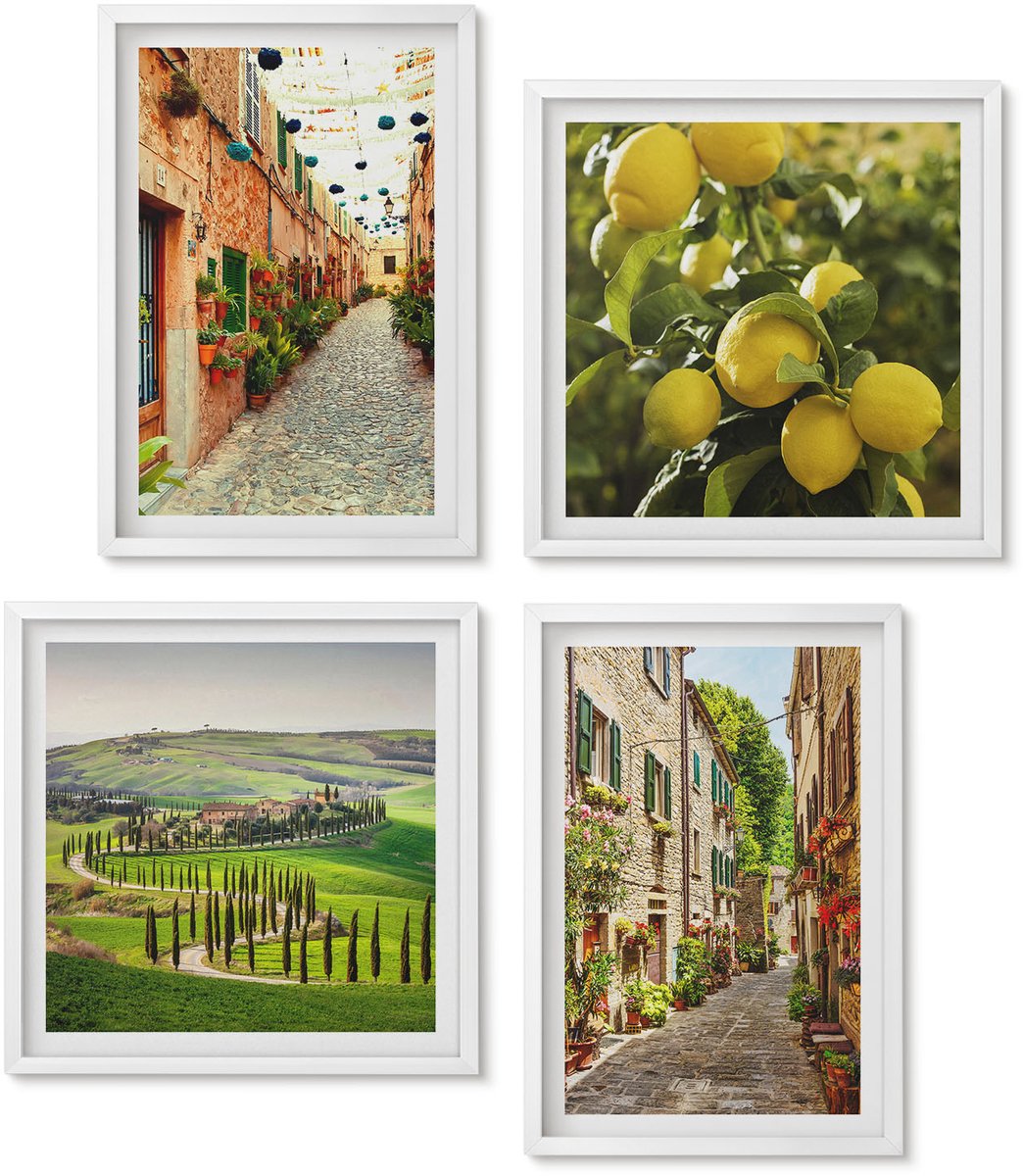 Wallfluent 4-Delige Schilderij Set - Sfeervolle Straatjes Met Bloemen En Citroenen Op De Achtergrond. - 40 x 40 En 40 x 60 - Stijlvolle Muurdecoratie - Slaapkamer - Decoratieve Schilderijen