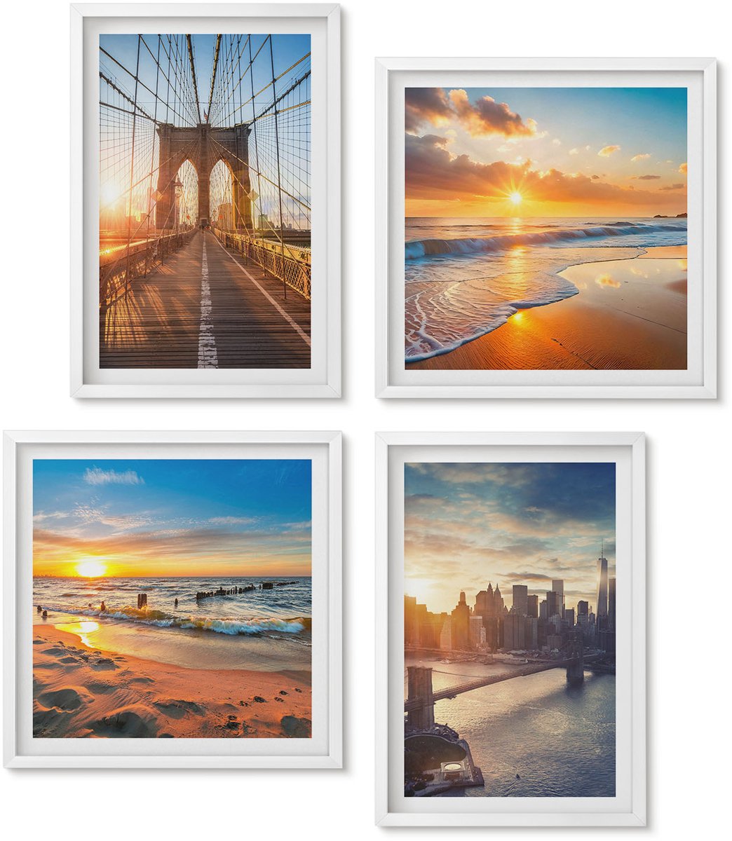 Wallfluent 4-Delige Schilderij Set - Bruggen En Zonsondergangen In Het Stedelijk Landschap - 40 x 40 En 40 x 60 - Muurdecoratie - Decoratieve Schilderijen - Wohnzimmer
