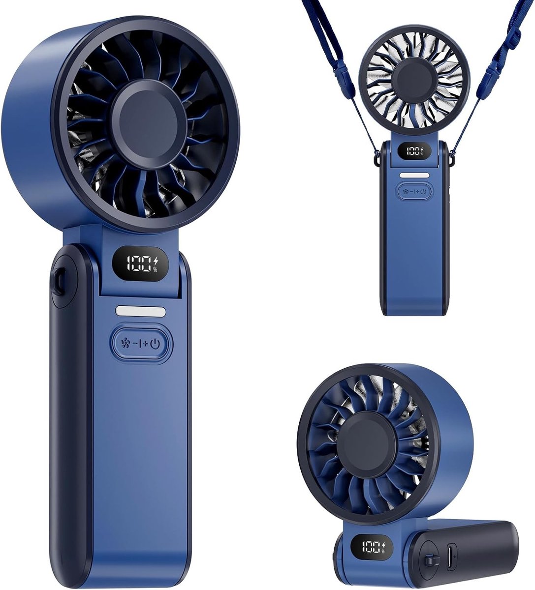 Handventilator - Donkerblauw - Klein - Opvouwbare USB Oplaadbare Mini Ventilator met LED Display - Lichtgewicht voor Reizen en Kantoor