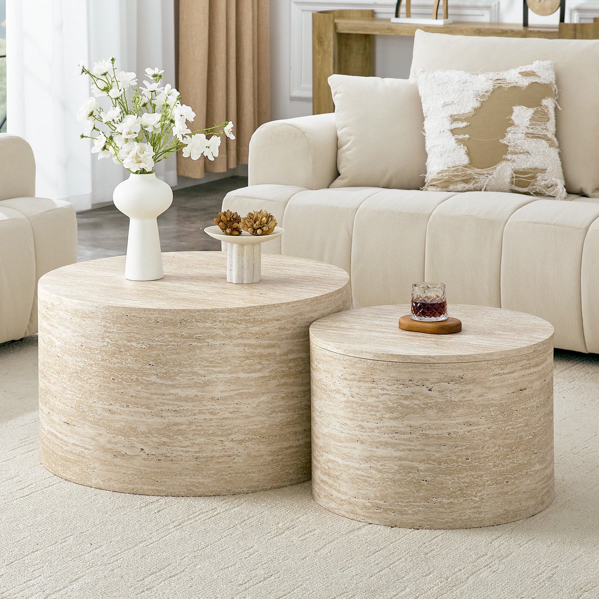 STILVORA Salontafel Set van 2 – Ronde Nesting Tafels Met Opbergruimte En Afneembaar Deksel – Houtlook MDF – 62,8 Cm En 44 Cm