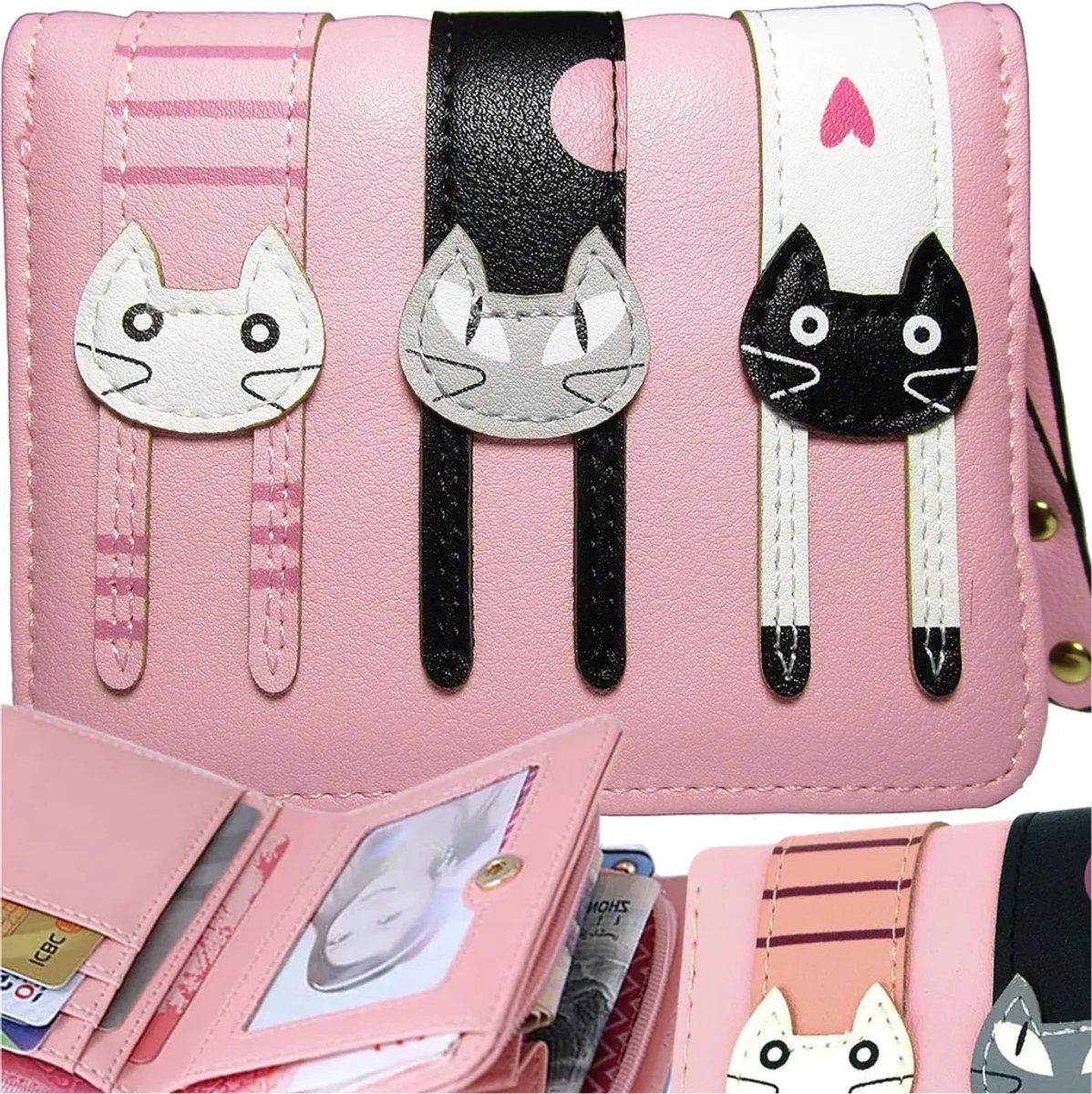 Damesportemonnee, praktische portemonnee, drievoudige portemonnee, versierd met een kattenmotief op leer, roze.