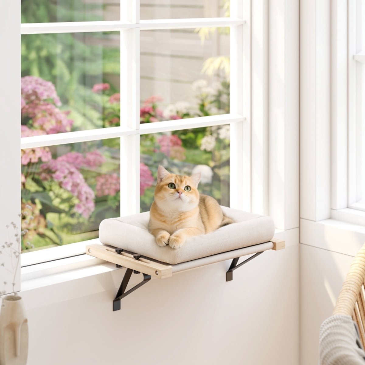 REDOM - Kattenbed met beugel - Verstelbare beugel - Afneembaar kussen - Hangmatstijl - Voor vensterbank en verwarming - Hout - Crèmewit - 50 x 35 x 24 cm