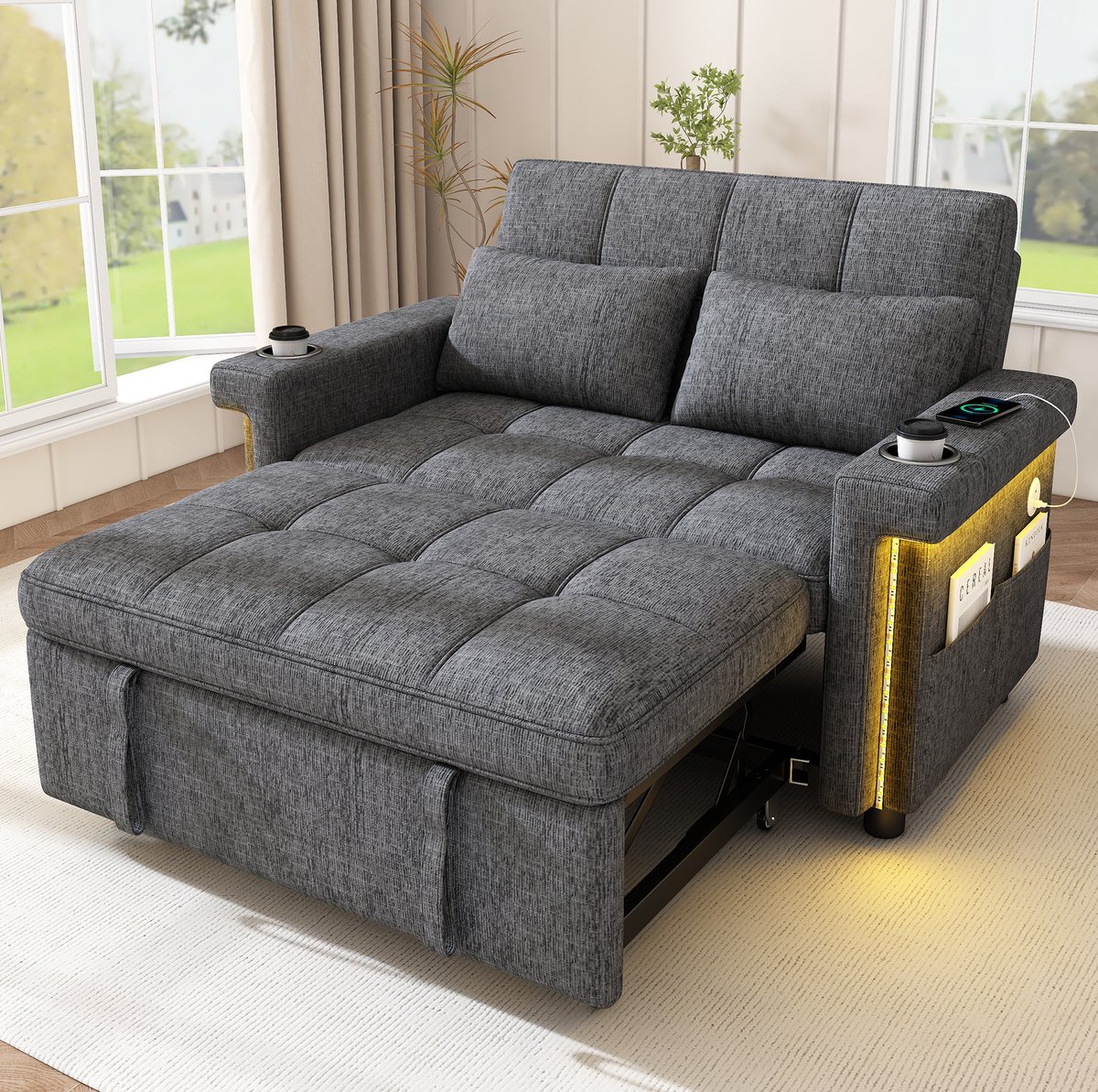 OKWISH Slaapbank 2-Zits 145 x 141,5 x 90 cm – Met LED, USB en Type C, Verstelbare Rugleuning, Bekerhouders en Opbergvak – Grijs – Chenille
