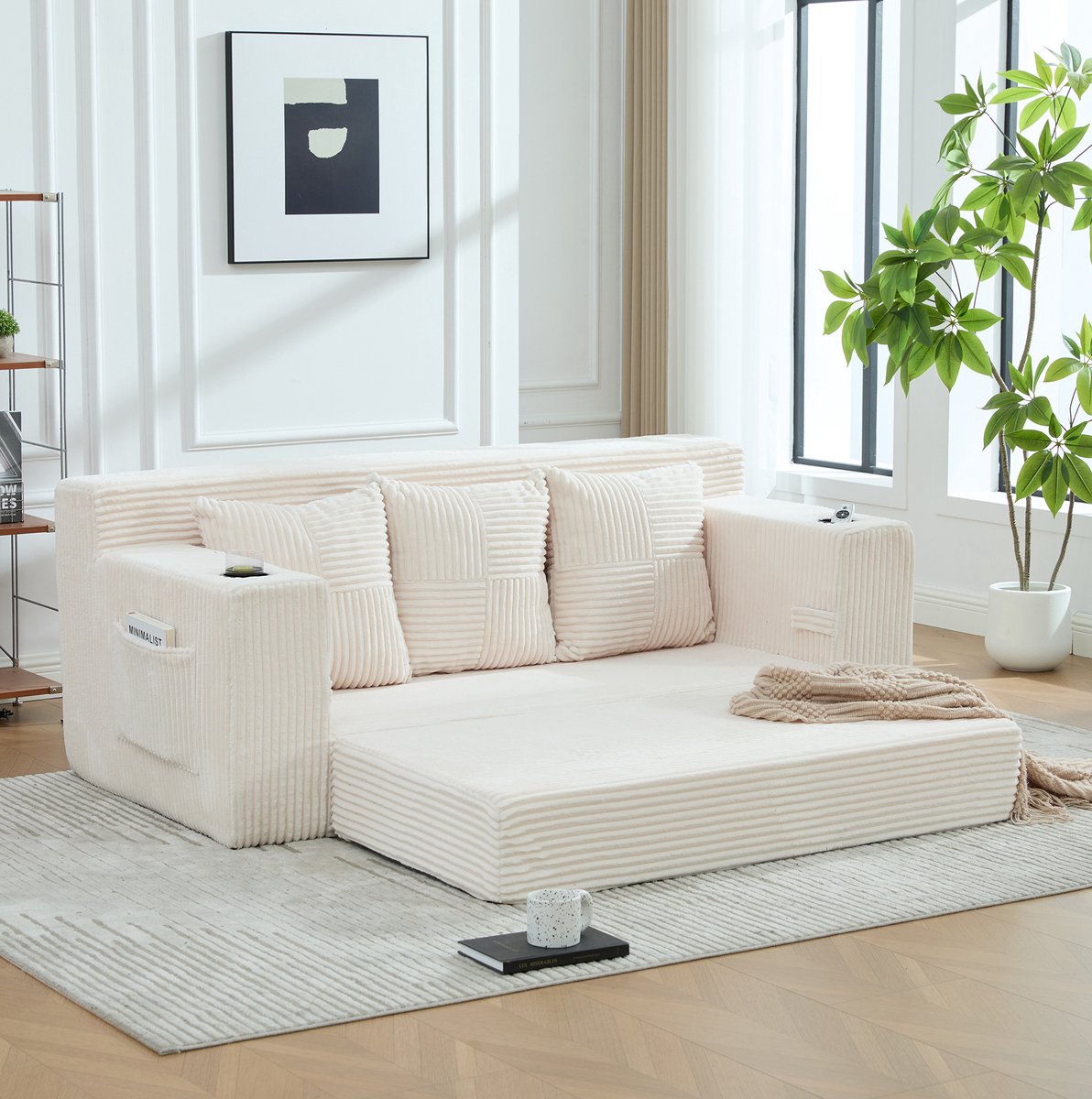 OKWISH Slaapbank 3-Zits 172 Cm – Uitklapbaar Met Bekerhouders En Opbergvakken – Ruimtebesparend Voor Woonkamer – Corduroy – Beige