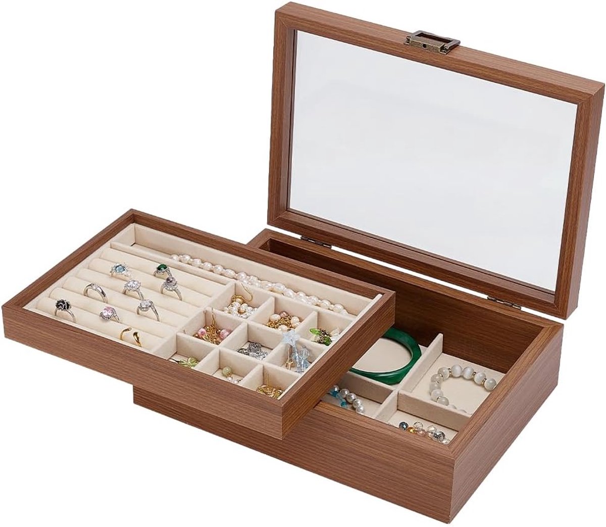 Sieradendoos met glazen deksel 28 x 20 cm - vintage houten vitrine - organizer voor ringen en oorbellen - ShopVlot