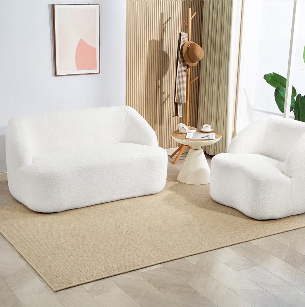 MODENUIT Bank 2-zits - Gebogen Vorm - Fleece Bekleding - Voor Woonkamer En Slaapkamer - Polyester - Wit