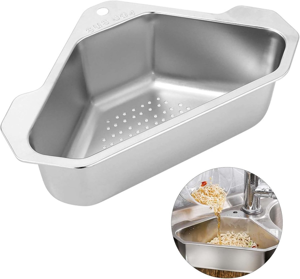 Gootsteenbakje rvs driehoek - Zilver - 24,5 x 15 x 7,7 cm - Roestvrijstalen spoelbakmand met zuignappen - Voor keukengebruik