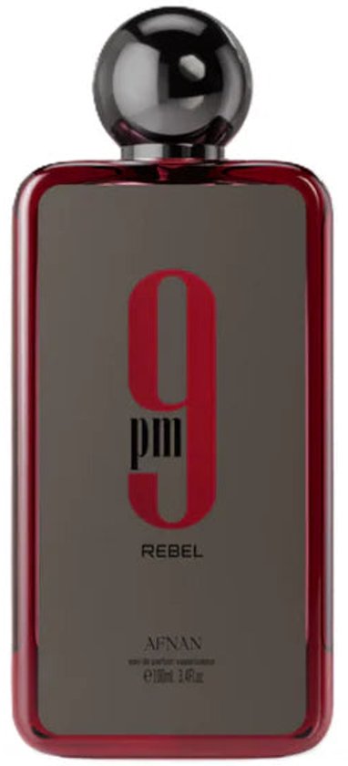 Flacon de parfum rectangulaire '9 pm rebel' par Afnan. Gris foncé avec des accents rouges. Contenance 100 ML.