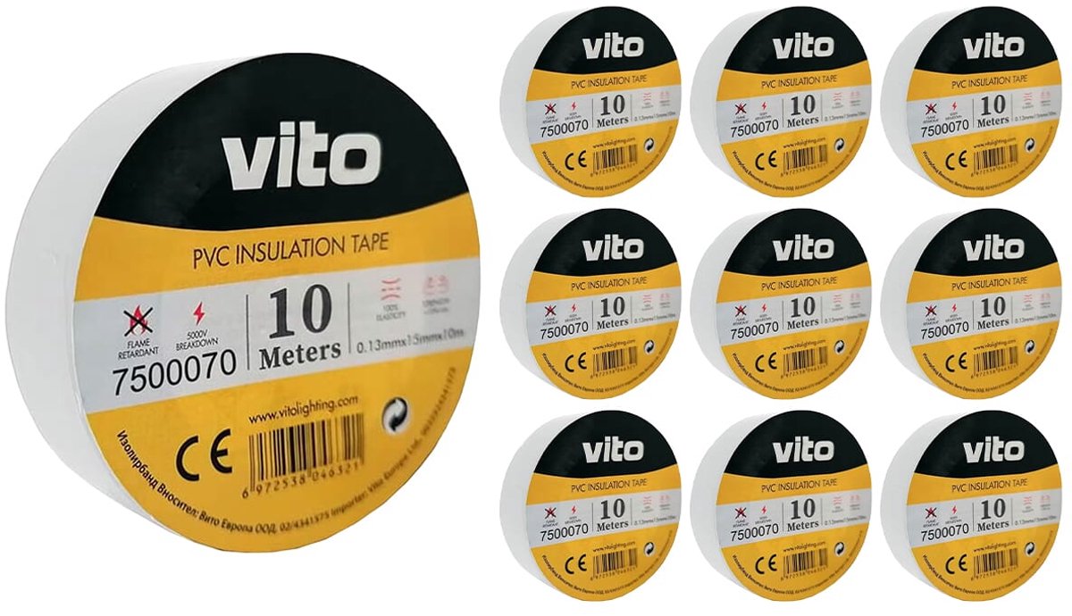 VITO Isolatietape 10 meter - Brandvertragend - Elektrische Isolatietape PVC Tape - Wit - 10 stuks
