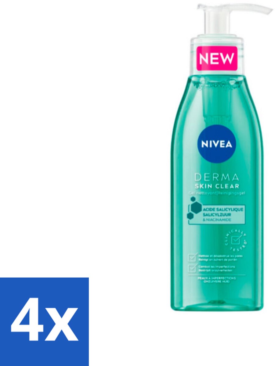 4 x NIVEA - Reinigingsgel - DERMA Huidzuiver - Voor onzuivere huid - Met Salicylzuur (AHA) & Niacinamide - Tegen Acne & Mee-eters - 150 ml - Gezichtsreiniger - Onzuivere Huid - Puistjes - Mee-eters - Salicylzuur