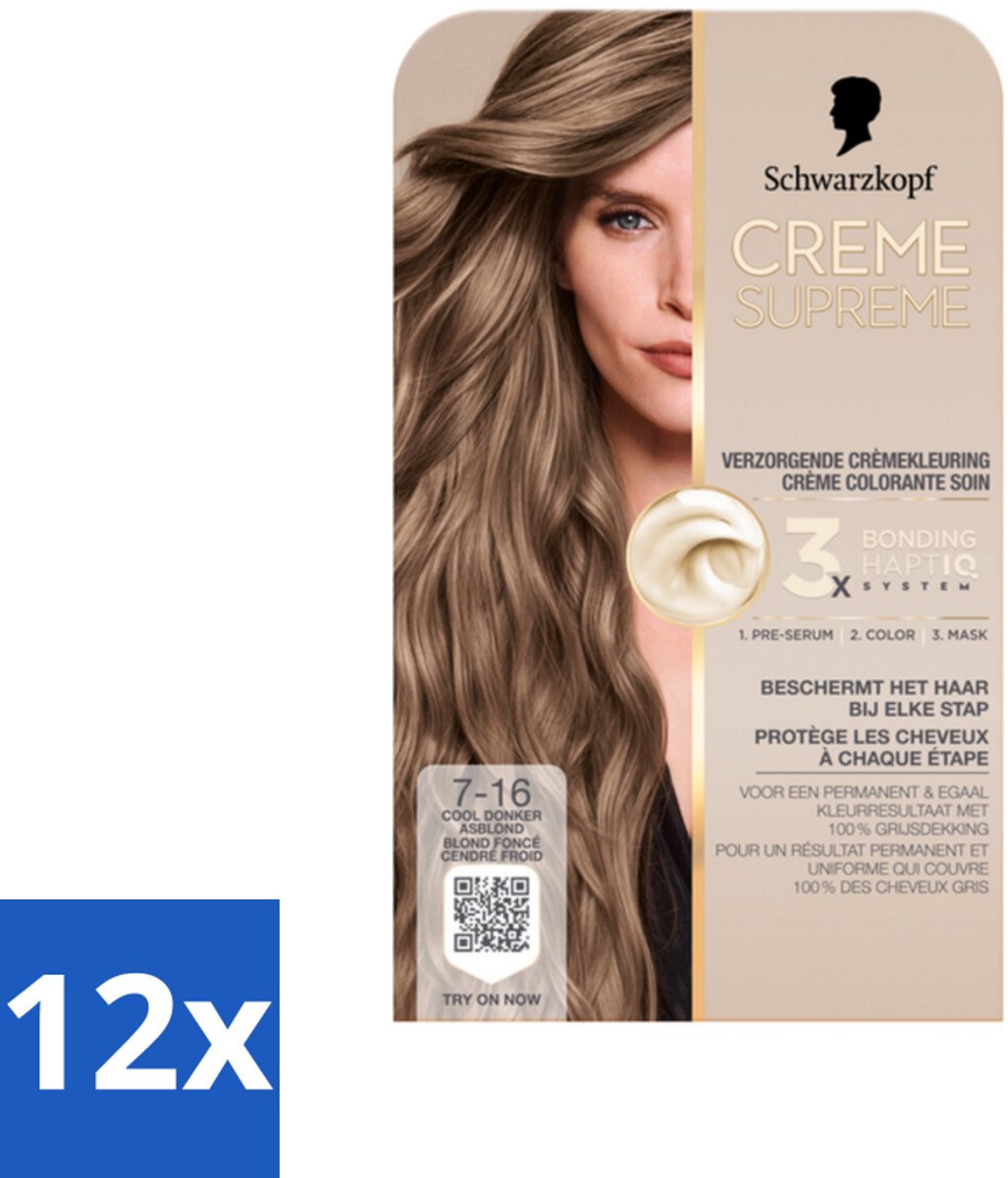 12 x Schwarzkopf - Haarkleuring - Creme Supreme 7-16 - Cool Donker Asblond - 245g - Asblond Haar - Permanente Haarkleur - Grijsdekking - Koele Blondtint - Haarkleur Verzorging