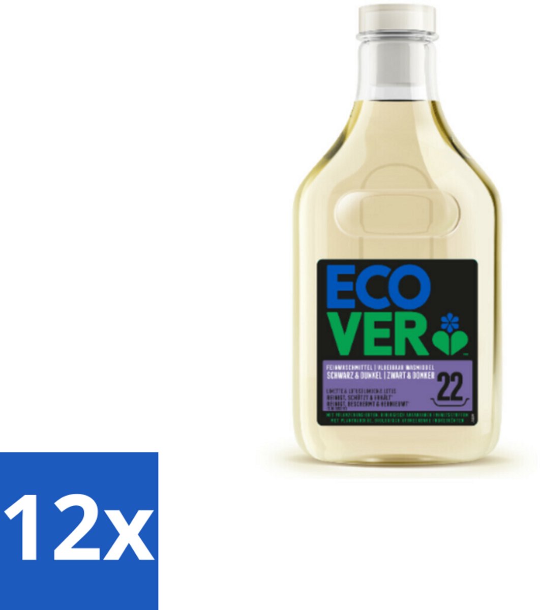 12 x Ecover - Vloeibaar wasmiddel - Zwart & Donker - 1 liter - 22 wasbeurten - Wasmiddel Donkere Kleding - Wasmiddel Zwart - Wasmiddel Kleurbescherming - Wasmiddel Ecologisch - Wasmiddel Plantaardige Ingrediënten