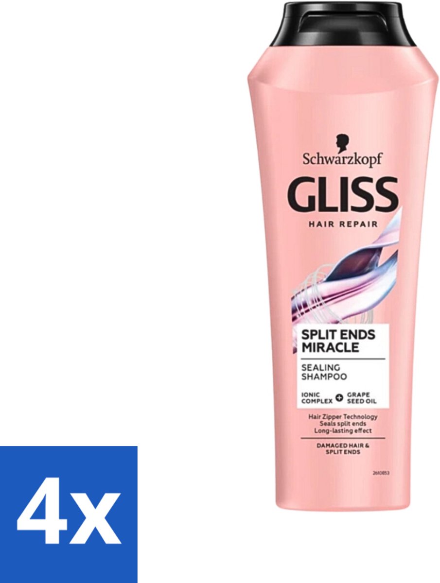 4 x Gliss - Shampoo - Split Hair Miracle - Voor Beschadigd Haar - 250 ml - Haarverzorging - Shampoo - Gespleten Haarpunten - Beschadigd Haar - Droge Haren