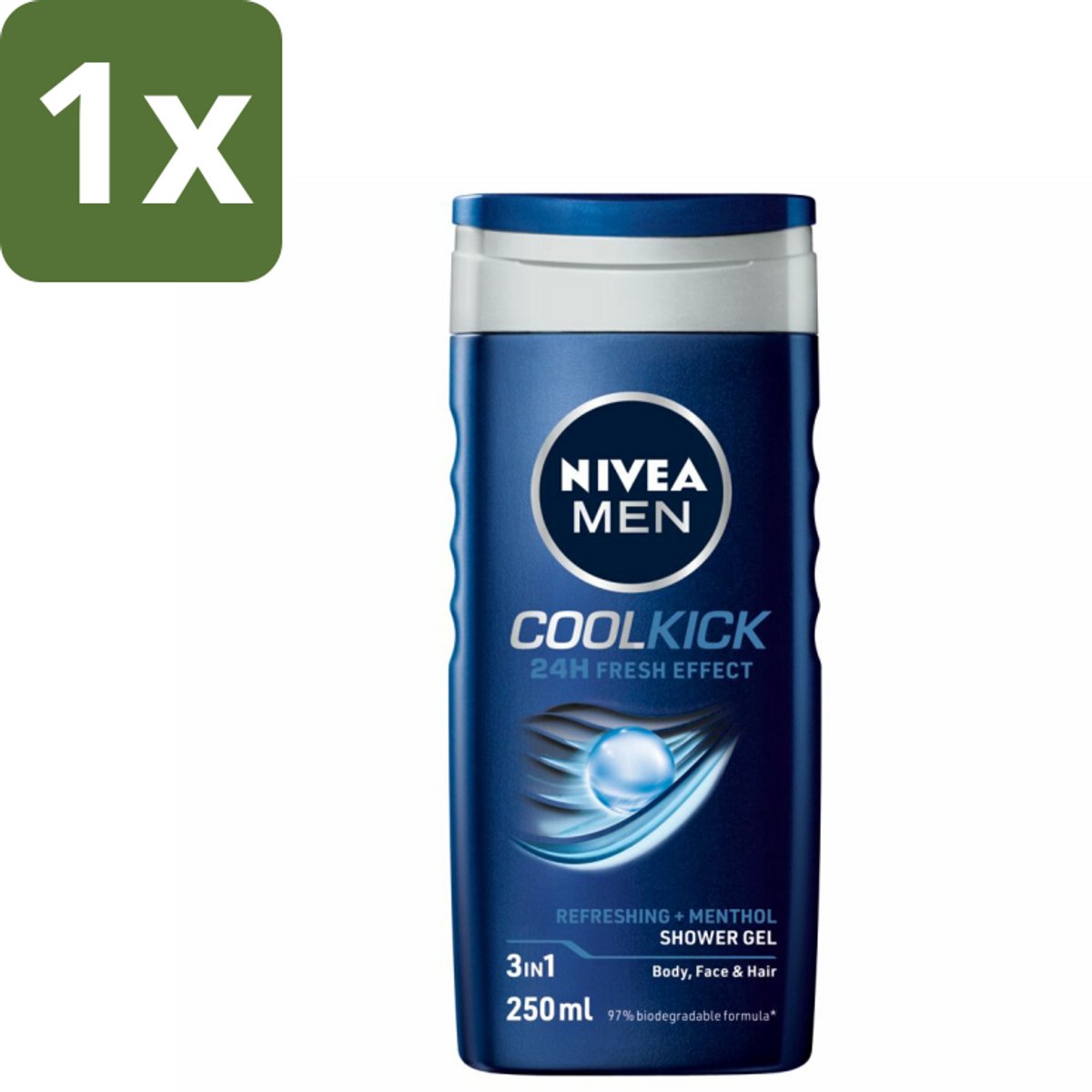 1 x NIVEA MEN - Douchegel - Cool Kick - 250 ml - Douchegel Mannen - Frisheid - Verkoelend Effect - 2-in-1 Douchegel En Shampoo - Ijsblauw