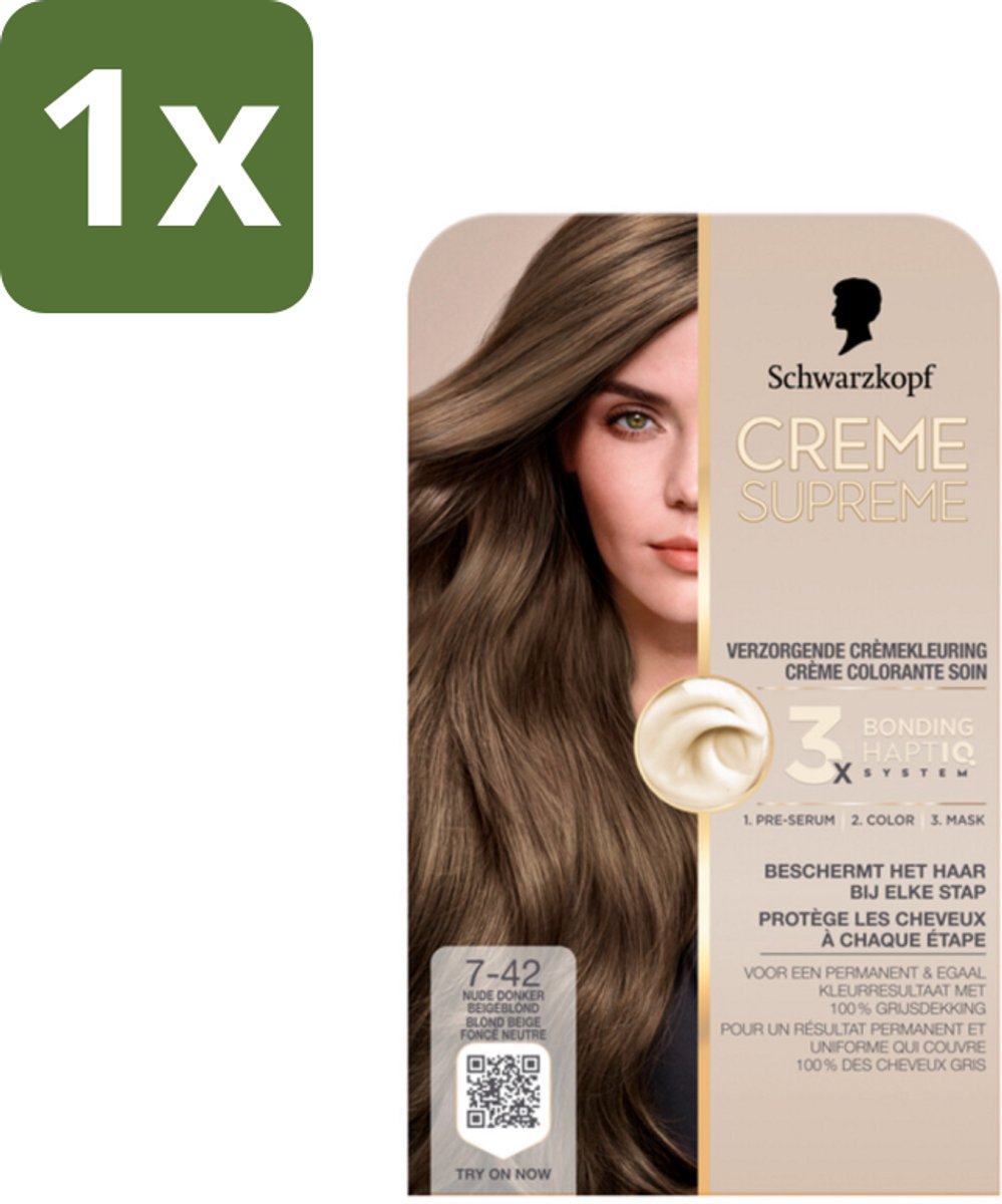 1 x Schwarzkopf - Haarkleuring - Creme Supreme 7-42 - Nude Donker Beigeblond - 245g - Haarkleuring - Permanente Haarkleuring - Verzorgende Haarkleuring - 3x Bonding System - Grijsdekking
