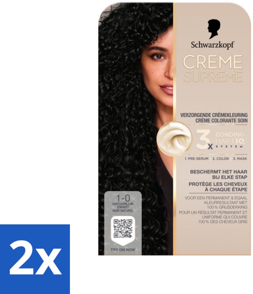 2 x Schwarzkopf - Haarkleuring - Creme Supreme 1-0 - Natuurlijk Zwart - 245g - Permanente Haarkleur - Zwart Haar - Grijsdekking - Haarkleur - Haarkleur Zwart