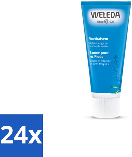 Weleda voetbalsem in een blauwe tube met witte dop, met tekst 'Voetbalsem' en 'Bij branderige en vermoeide voeten'.