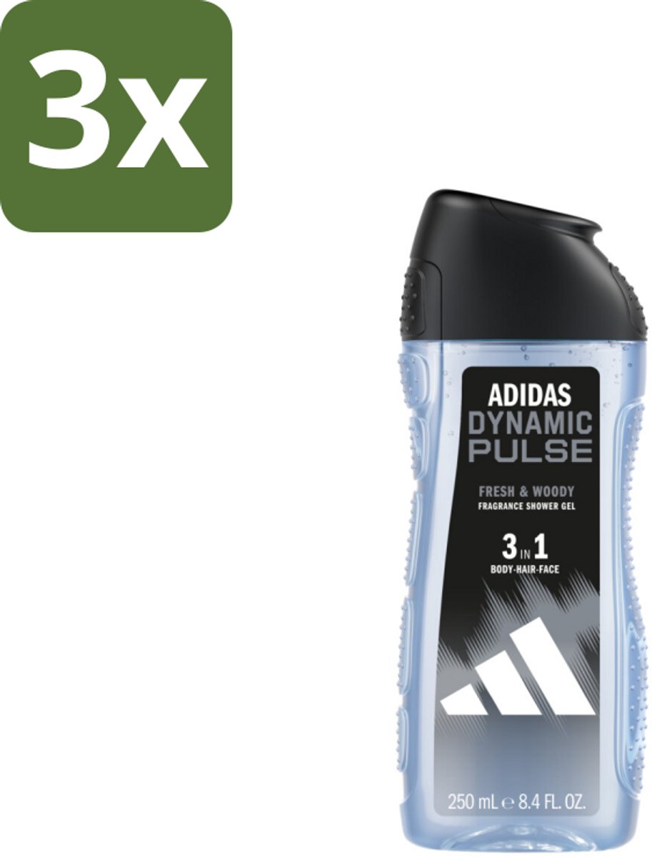 3 x Adidas – Douchegel 3-in-1 – Dynamic Pulse – 250 ml - Adidas Dynamic Pulse - Douchegel - Sportieve Geur - Pepermunt - Energie