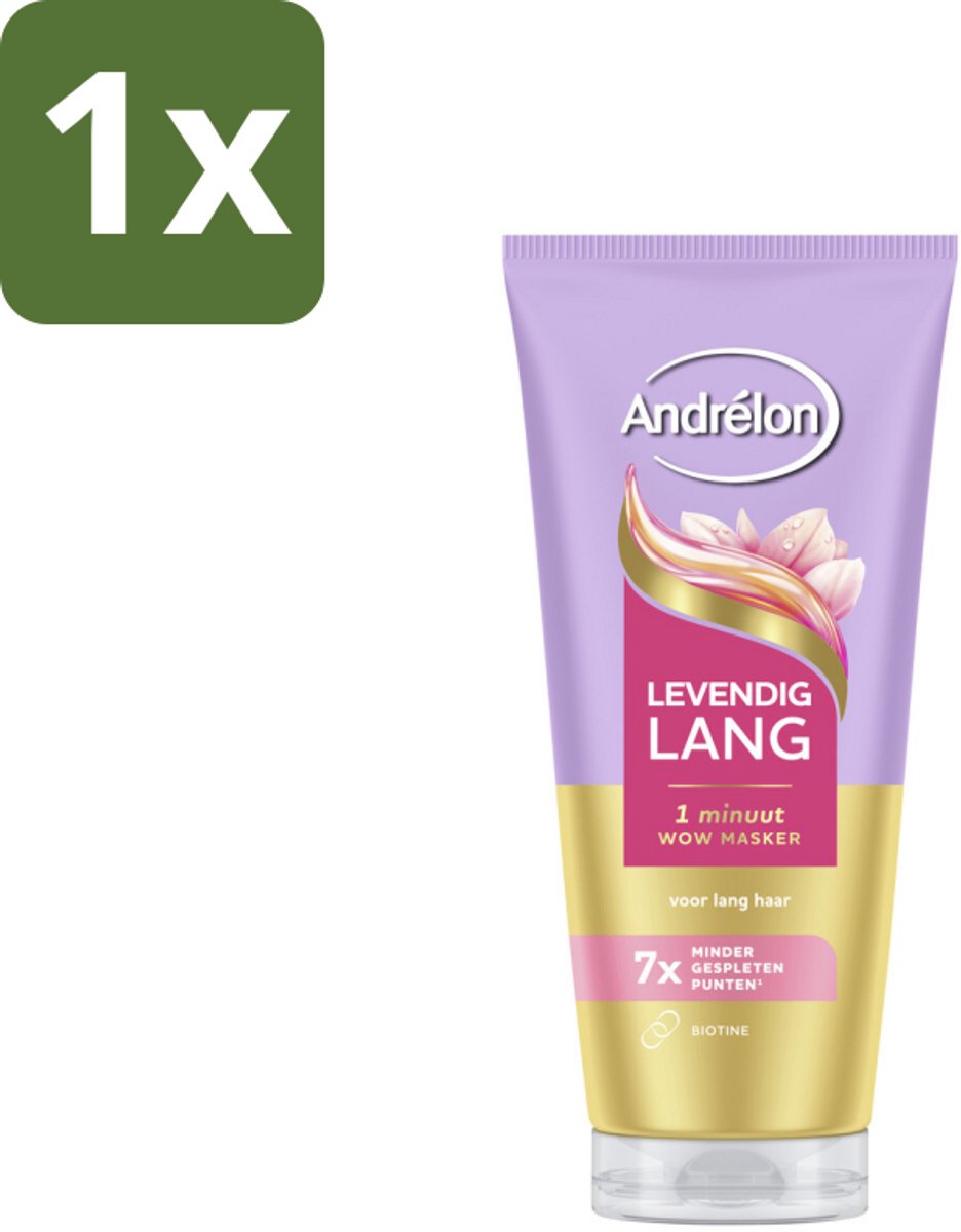 1 x Andrélon – Haarmasker WOW – Levendig Lang – 180 ml - Haarmasker - Lang Haar - Gespleten Punten - Haarversterking - Biotine