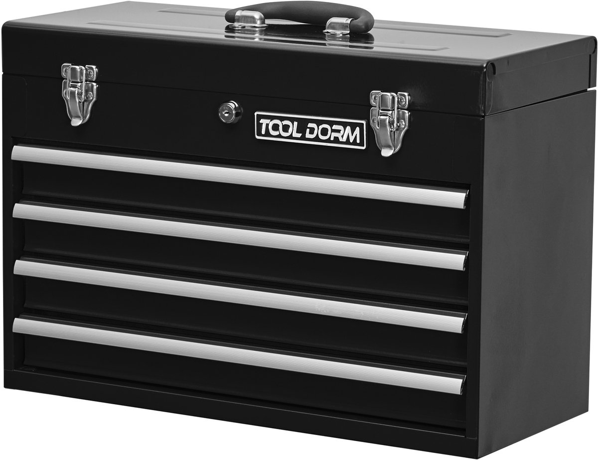 REDOM - Gereedschapskoffer met lades - Stalen constructie - 4 lades en bovenvak - Met slot en draaggreep - Werkplaats en garage - Metaal - Zwart - 51,5 x 23,1 x 30 cm