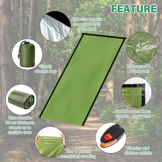 Bivvy-tas, ultralichte noodslaapzak: 3 stuks nooddeken, waterdicht, EHBO-reddingsdekens, survival noodslaapzak - ShopVlot — afbeelding 2
