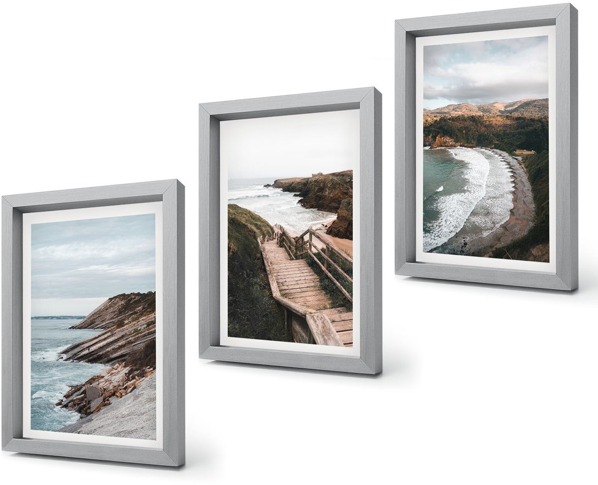 Coloray 4-Delige Schilderij Set - Uitzicht op zee met kliffen en strandlandschappen - 20 x 30 cm - Wanddecoratie - Schilderijen Set - Kantoor Zilveren lijst