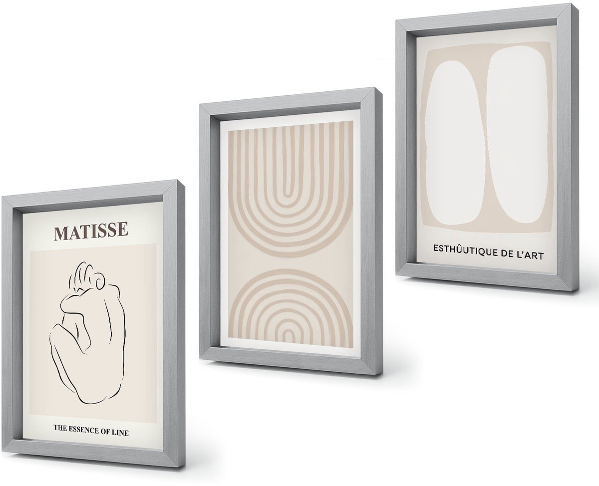 Coloray 4-Delige Schilderij Set - Stijlvolle lijnen en minimalistische vormen in neutrale tinten. - 20 x 30 cm - Wanddecoratie - Woonkamer Decoratie - Interieur Decoratie Zilveren lijst