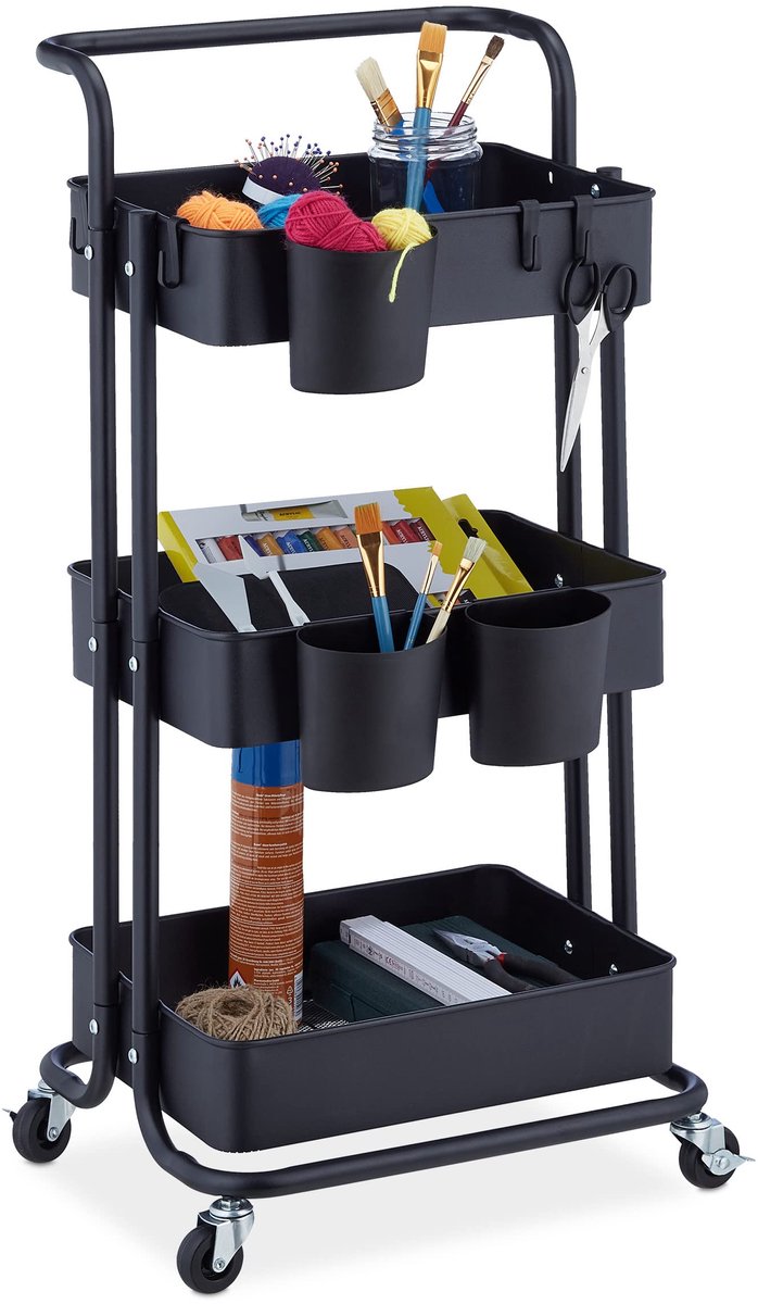 Famanu – Serveerwagen met 3 etages en 2 remmen, multifunctionele trolley voor de keuken, 86 x 38 x 39 cm, zwart metaal, ideaal voor het organiseren van keukengerei