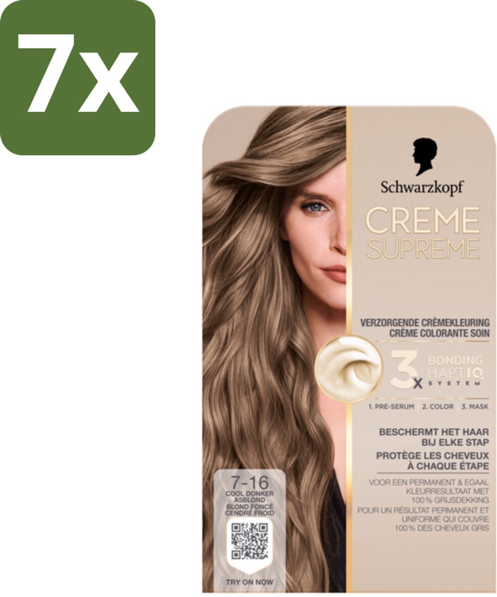 Schwarzkopf - Haarkleuring - Creme Supreme 7-16 - Cool Donker Asblond - 245g - Bulkverpakking - 7 stuks