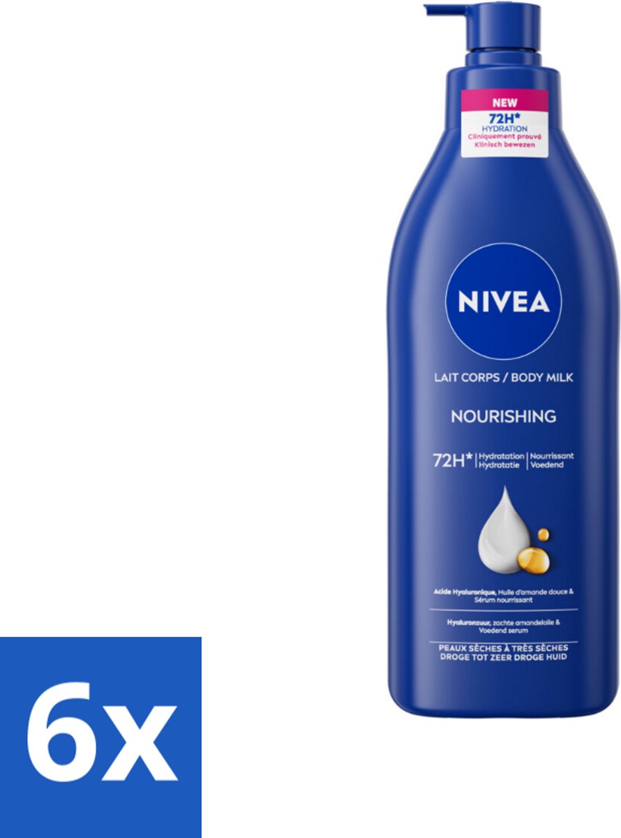 Nivea - Nourishing - Body Milk met Pomp - Voor Droge tot Zeer Droge Huid - 72 uur Hydratatie - 400 ml - Voordeelverpakking - 6 stuks