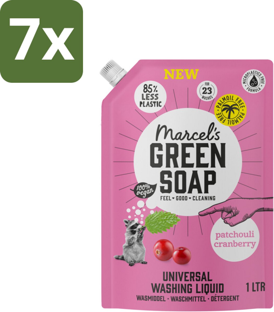 Marcel's Green Soap - Vloeibaar Wasmiddel - Universeel - Navulling - Patchouli & Cranberry - Effectief & natuurlijk - 23 Wasbeurten - 1 liter - Bulkverpakking - 7 stuks