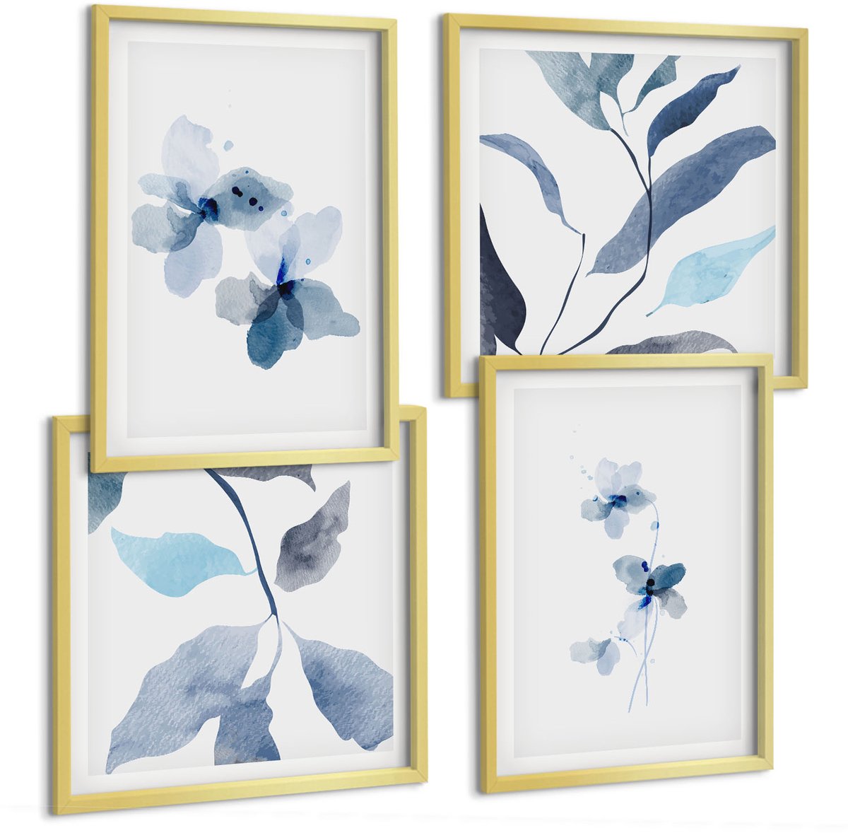TULUP 4-Delige Schilderij Set - Minimalistische aquarelbloemen in blauwe tinten - 40 x 40 cm en 40 x 60 cm - Decoratieve Muurdecoratie - Slaapkamer - Decoratieve Schilderijen Gouden lijst