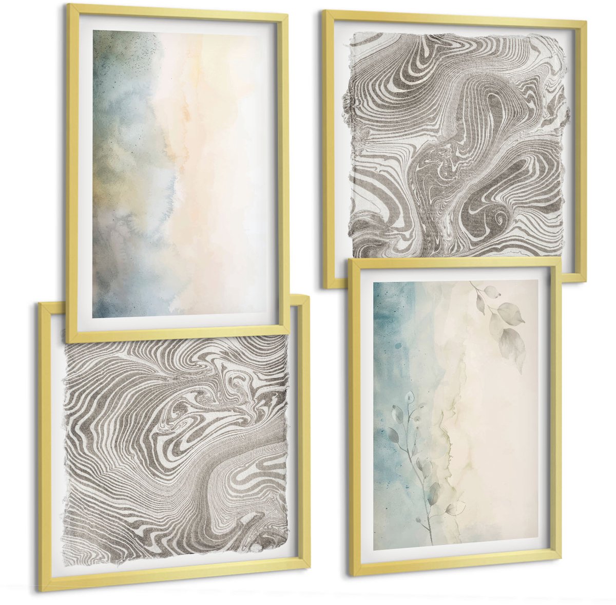 TULUP 4-Delige Schilderij Set - Fijne aquarelkartonnen - 40 x 40 cm en 40 x 60 cm - Muurdecoratie - Decoratieve Schilderijen - Wohnzimmer Gouden lijst