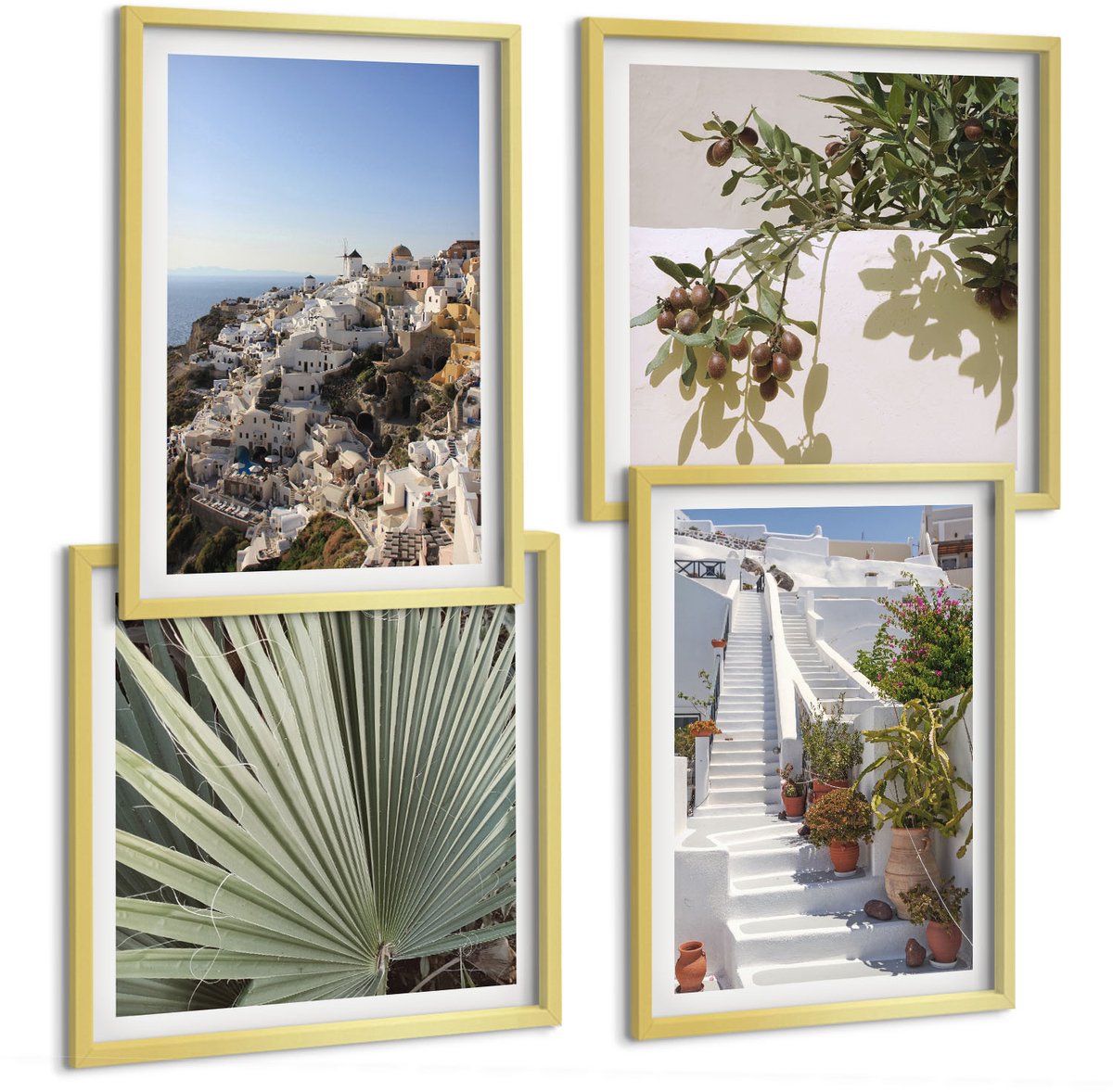 TULUP 4-Delige Schilderij Set - Witte trappen op Santorini met uitzicht over de stad - 40 x 40 cm en 40 x 60 cm - Stijlvolle Muurdecoratie - Slaapkamer - Woonkamer Decoratie Gouden lijst