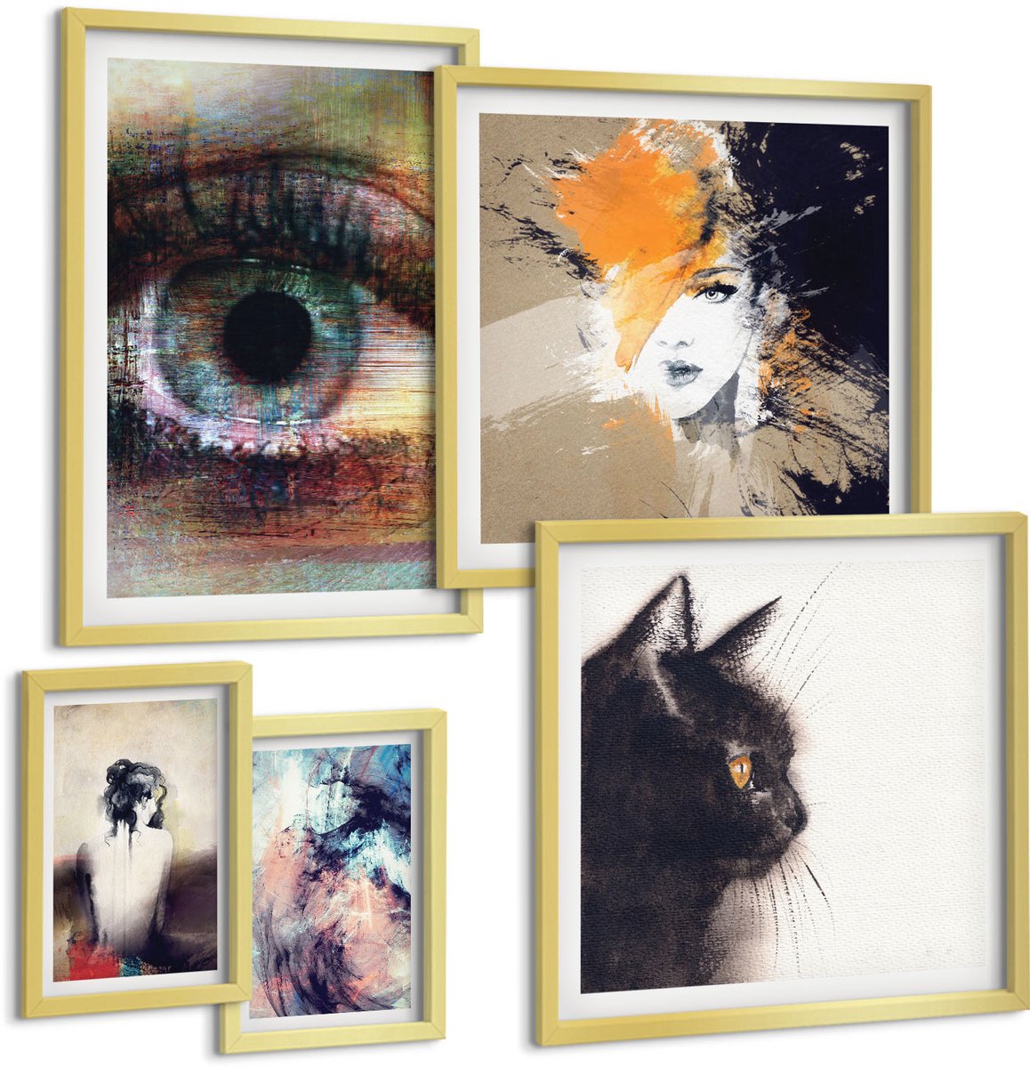 TULUP 5-Delige Schilderij Set - Moderne kunstportretten en abstractie in één set - 50 x 50 cm, 20 x 30 cm en 40 x 60 cm - Decoratieve Schilderijen - Wanddecoratie - Hal - Muurdecoratie Gouden lijst