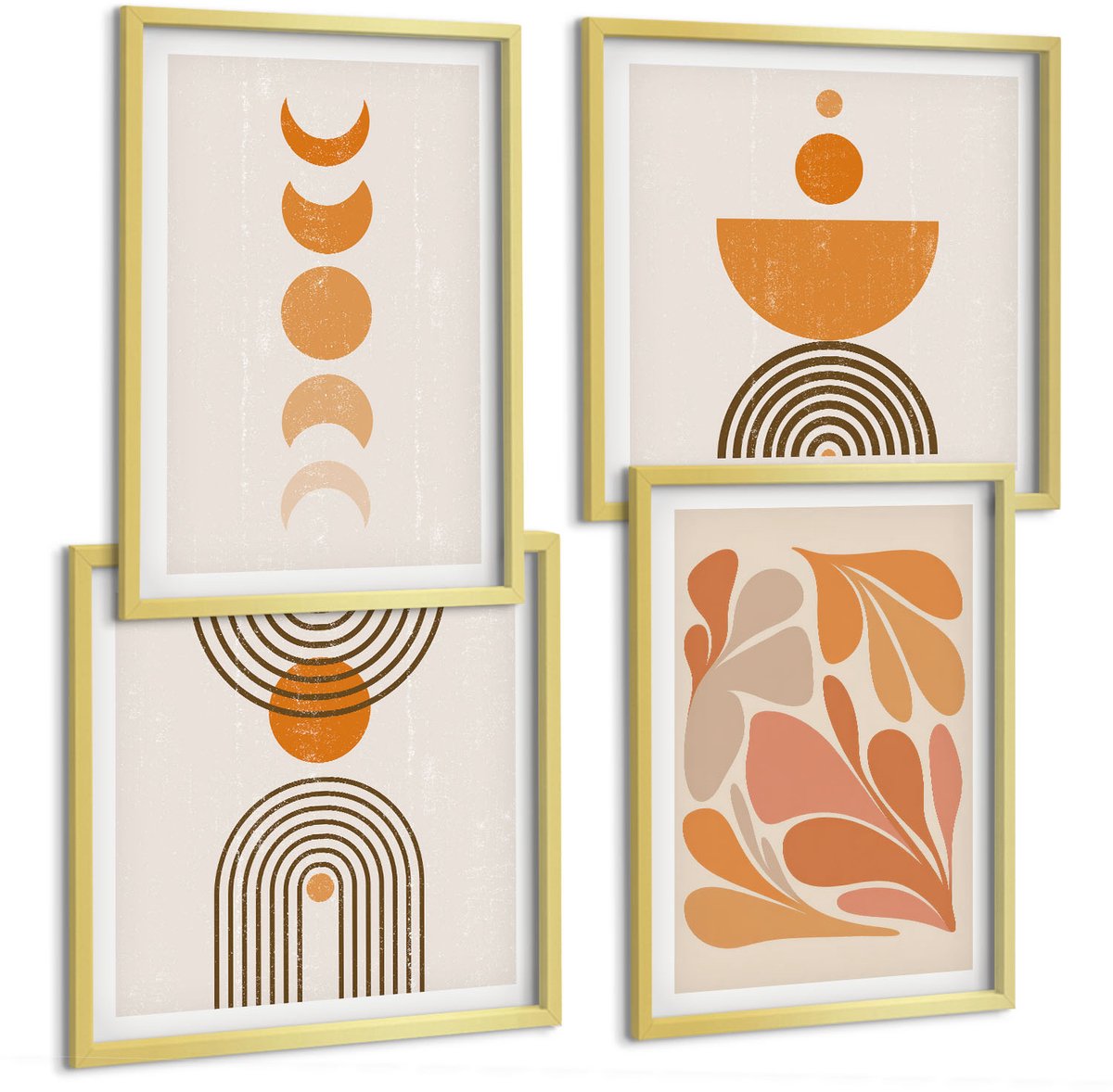 TULUP 4-Delige Schilderij Set - Abstracte vormen in oranje tinten - 40 x 40 cm en 40 x 60 cm - Muurdecoratie - Decoratieve Schilderijen - Wohnzimmer - Woonkamer Decoratie Gouden lijst