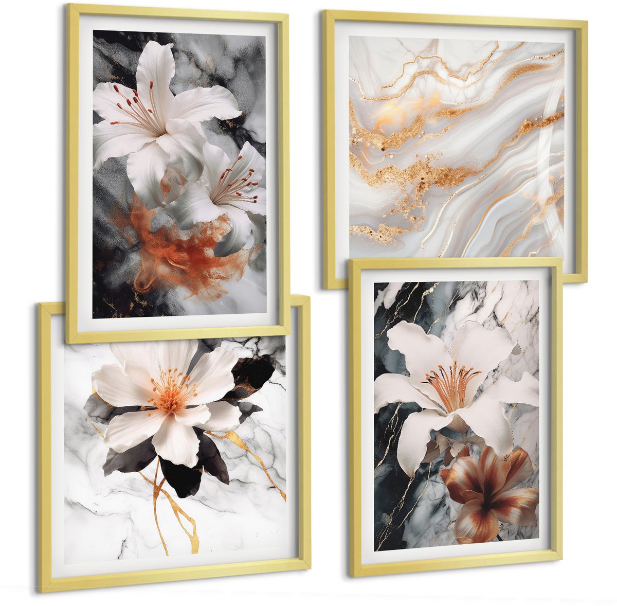 TULUP 4-Delige Schilderij Set - Bloemen op een marmeren achtergrond in wit- en zwarttinten. - 40 x 40 cm en 40 x 60 cm - Moderne Wanddecoratie - Woonkamer - Interieur Decoratie Gouden lijst