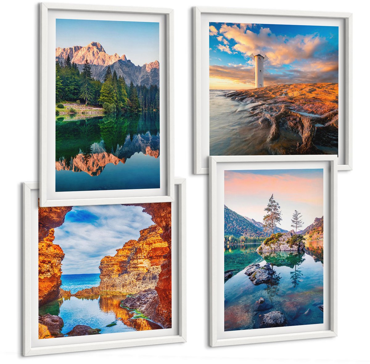 Tulup 4-Delige Schilderij Set - Bergmeren met weerspiegelingen in het water en de rotsen. - 40x40 en 40x60 - Muurdecoratie - Schilderijen Set - Woonkamer - Stijlvolle Muurdecoratie