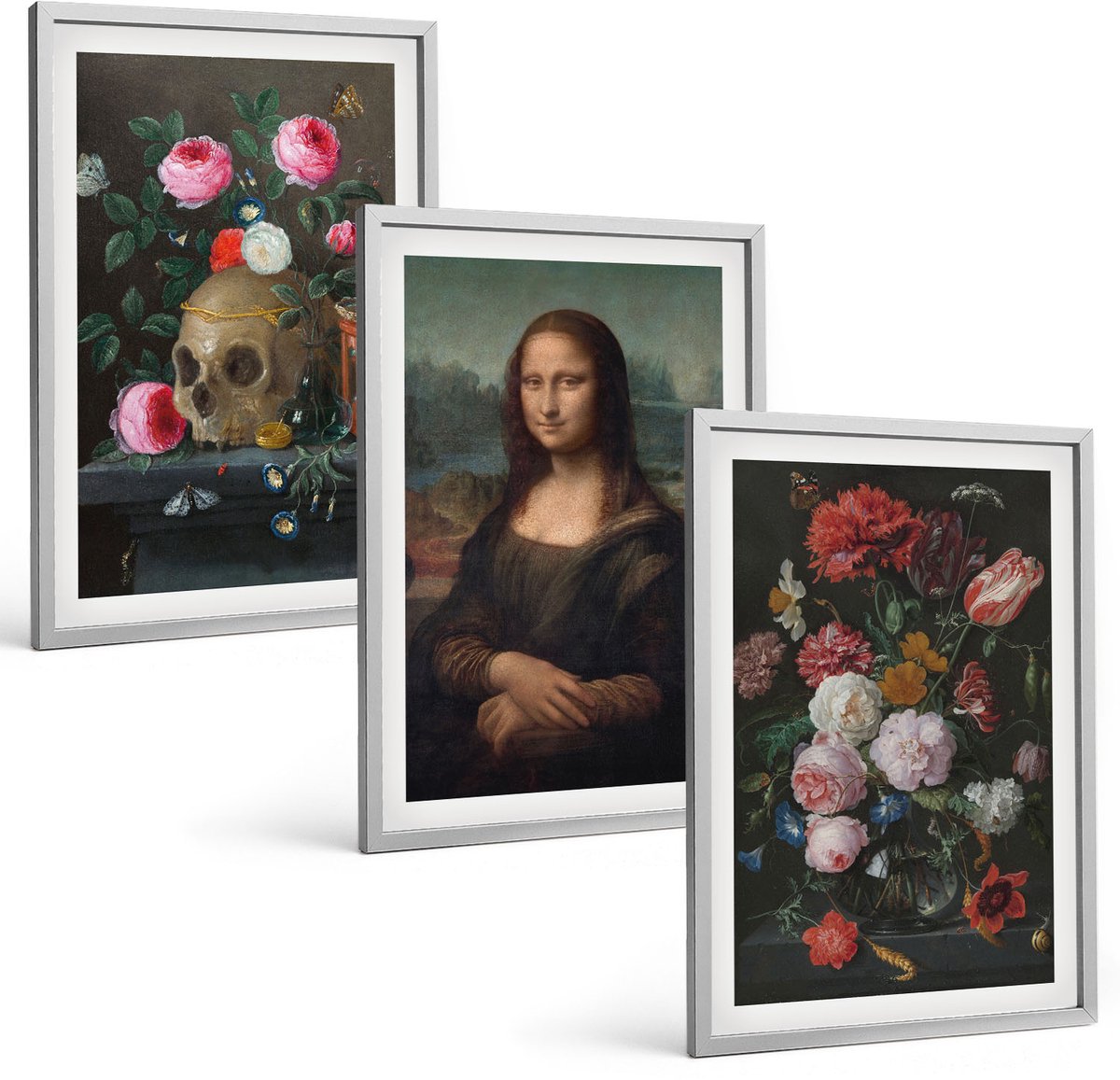 TULUP 4-Delige Schilderij Set - Vintage bloemen, schedel en Mona Lisa-portret van Leonardo Da Vinci - 40 x 60 cm - Decoratieve Schilderijen - Wanddecoratie - Hal - Muurdecoratie Zilveren lijst
