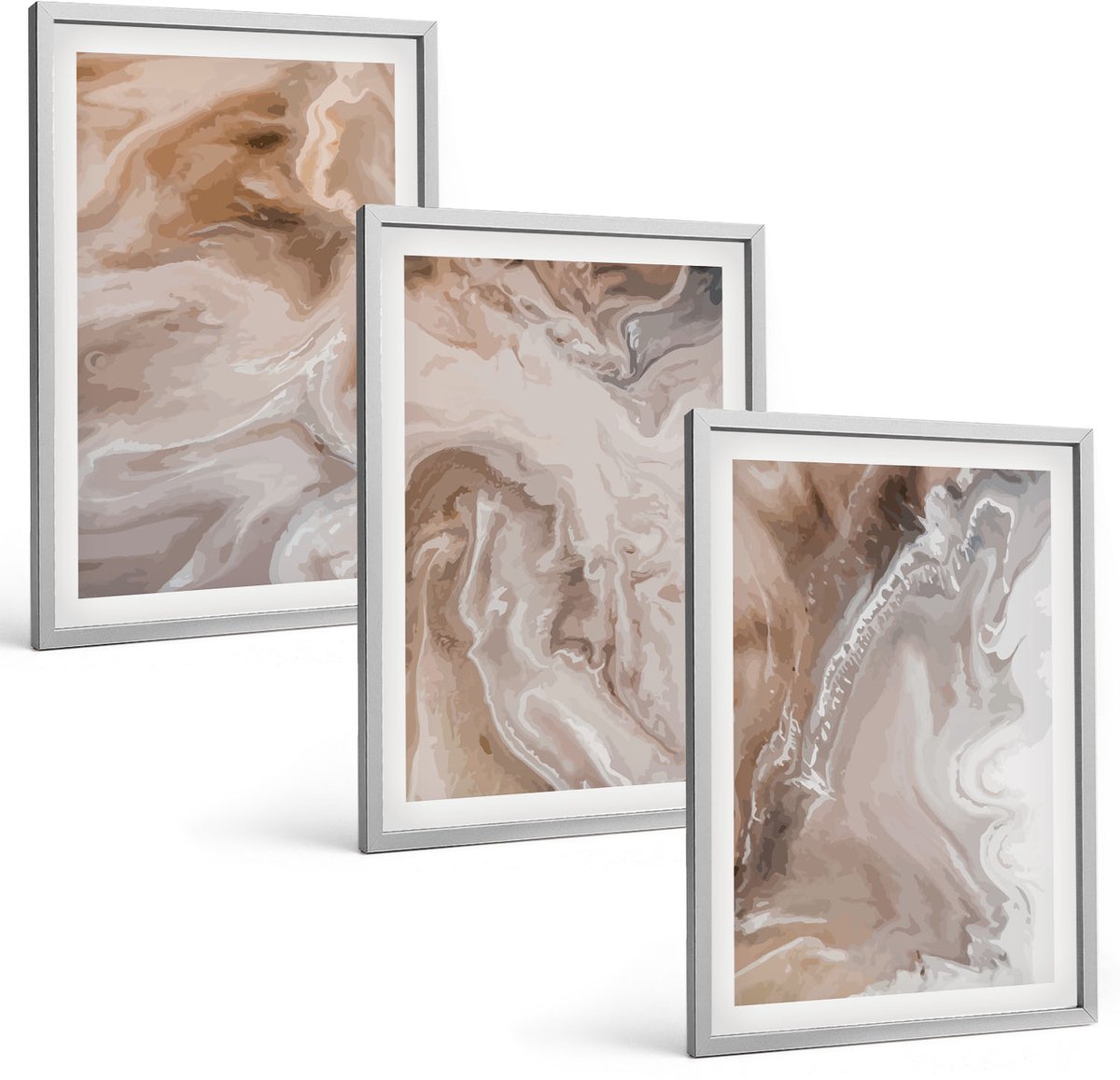 TULUP 4-Delige Schilderij Set - Abstracte marmerpatronen met steenstructuur - 40 x 60 cm - Muurdecoratie - Wanddecoratie - Hal - Interieur Decoratie Zilveren lijst